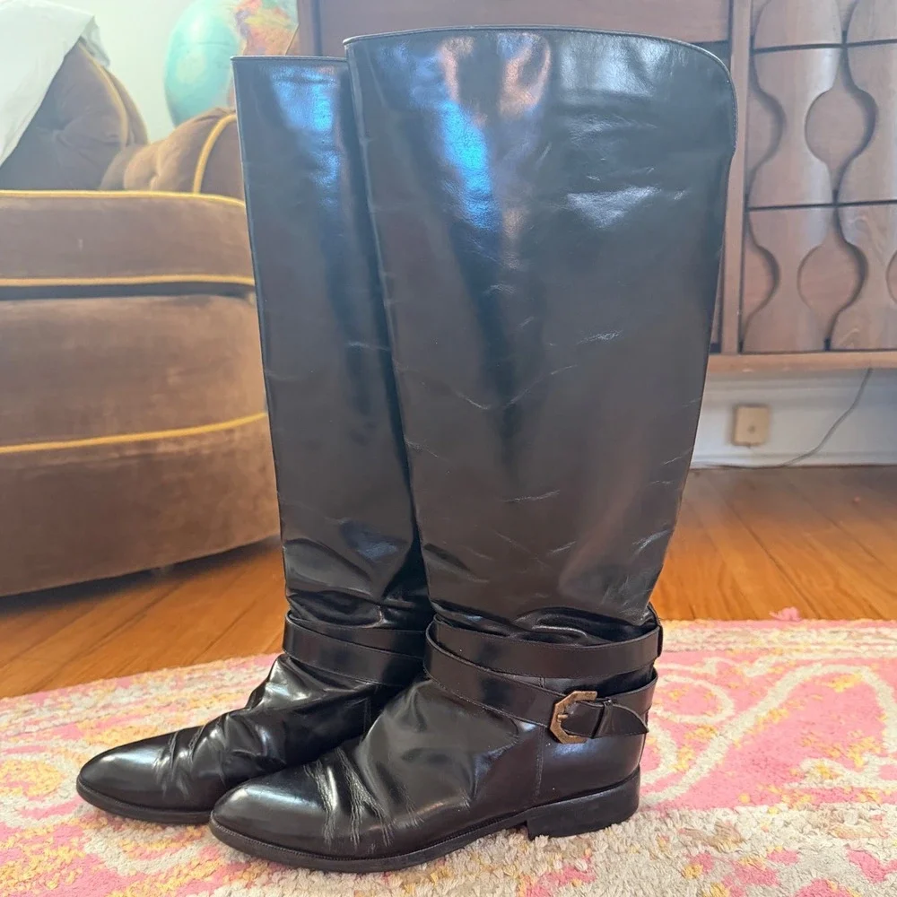 VTG Charles David Black Leather‎ Riding Boots Made in Italy Knee High - 7.5